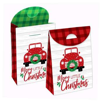 Big Dot of Happiness Merry Little Christmas Tree - Red Truck Christmas Gift Favor Bags - Party Goodie Boxes - Set of 12
