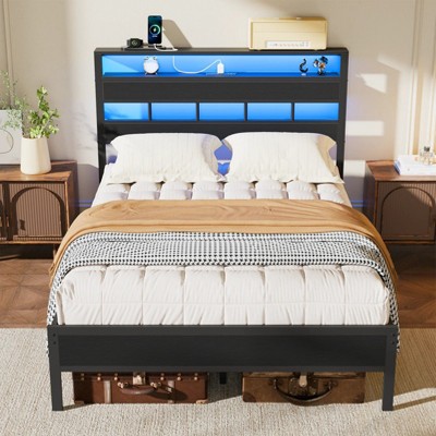 Bed Frames with Headboard & LED Lighted,Standard Storage Bed Platforrm with Storage Underbed, No Box Spring Needed