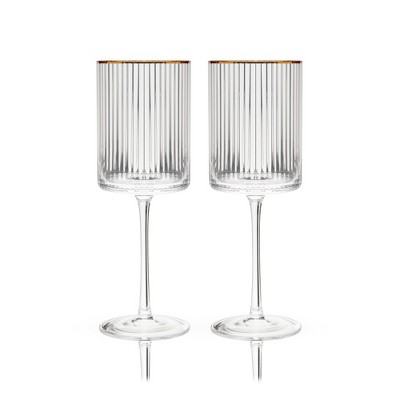 Meridian Ribbed Crystal Wine Glasses with Gold Rim, Set of 2