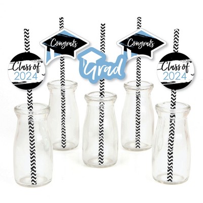 Big Dot of Happiness Light Blue 2024 Graduation Paper Straw Decor - Party Striped Decorative Straws - Set of 24