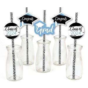Big Dot of Happiness Light Blue 2024 Graduation Paper Straw Decor - Party Striped Decorative Straws - Set of 24 - 1 of 4