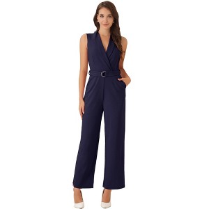 INSPIRE CHIC Women's Casual Sleeveless Shawl Collar Office Belted Cropped Jumpsuit - 1 of 4