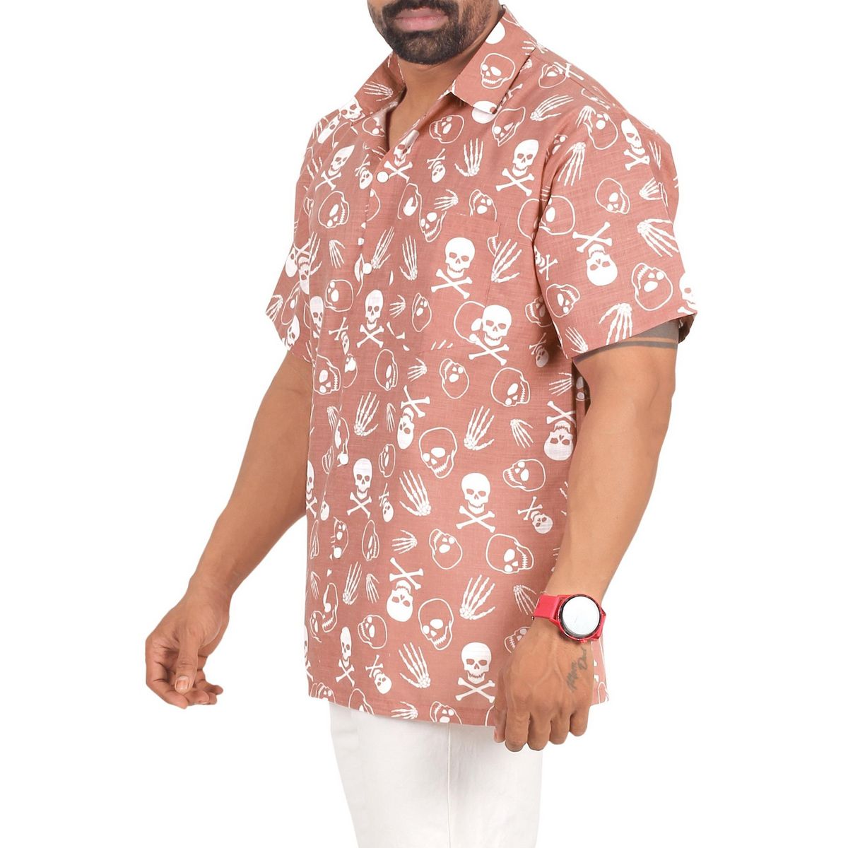 HAPPY BAY Mens Hawaiian Short Sleeve Button Down Shirt Men's Halloween Costumes Shirt Linen Effect Beach Shirts for Men XXL Red, Skull - thumbnail 4