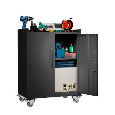 HANPURE Lockable 2-Door Metal Tool Cabinet with Wheels, Rolling Garage Storage Chest, H35*W30.3*D18, Assembly Required
