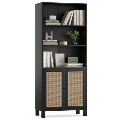 Grungis 5 Shelf Tall Bookshelf with Rattan Doors,Decorative Bookcase Display Shelves with Free Standing Design,Modern Bookshelf for Living Room
