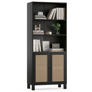 Grungis 5 Shelf Tall Bookshelf with Rattan Doors,Decorative Bookcase Display Shelves with Free Standing Design,Modern Bookshelf for Living Room - 1 of 4