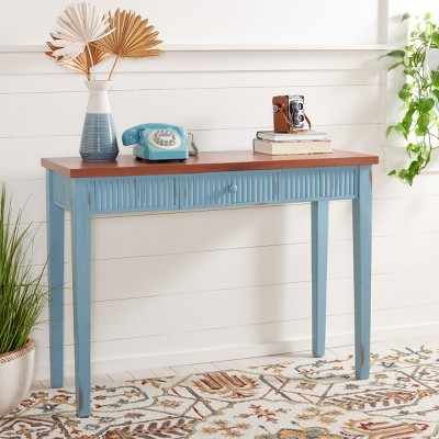 Blue and Oak Wood Console Table with Storage Drawer
