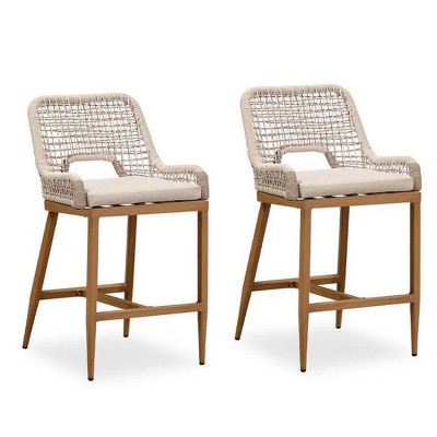 PURPLE LEAF Bar Stools Set of 2 Height Metal Bar Chairs with Back Modern Aluminum Tall Comfy Wicker Woven Boho Barstools Garden Pool Patio Outdoor
