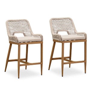 PURPLE LEAF Bar Stools Set of 2 Height Metal Bar Chairs with Back Modern Aluminum Tall Comfy Wicker Woven Boho Barstools Garden Pool Patio Outdoor - 1 of 4