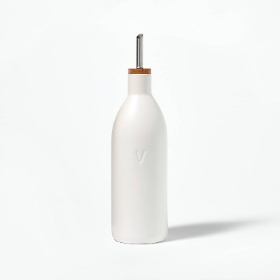 Ceramic Vinegar Pour Bottle Cream - Figmint™: Stoneware Oil Dispenser, Stainless Steel & Wood Lid, 18.7oz Capacity