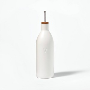 Ceramic Vinegar Pour Bottle Cream - Figmint™: Stoneware Oil Dispenser, Stainless Steel & Wood Lid, 18.7oz Capacity - 1 of 3