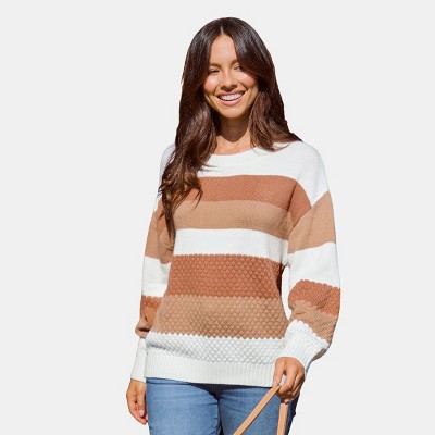 Women's Brown & White Stripe Round Neck Long Sleeve Sweater - Cupshe