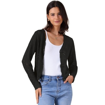 INSPIRE CHIC Women's Long Sleeve Button Down Knit Hollow Out V Neck Cropped Cardigans