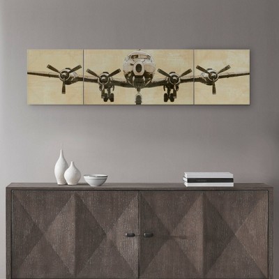 Vintage Airplane Triptych Canvas Art Set in Beige and Gray