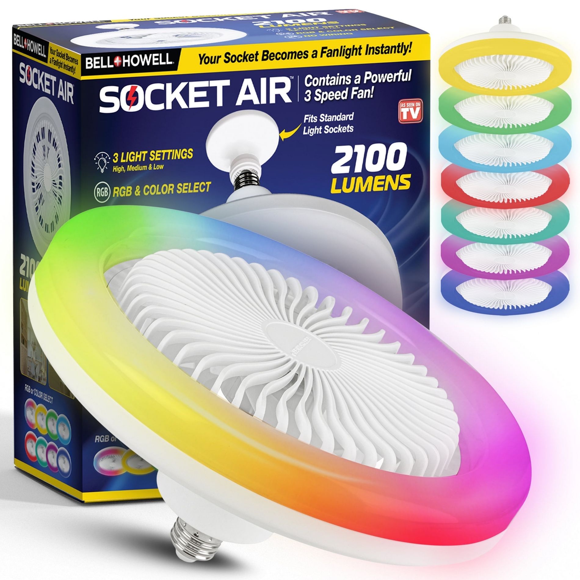 Socket Fan Light Ceiling Fan Light with Remote 2100 Lumens, 3 Speeds Fan Color Changing Fan Light