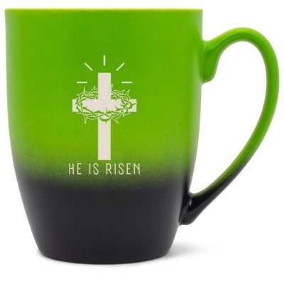 Elanze Designs He Is Risen Crown of Thorns Cross 12 Ounce Ceramic Laser-Etched Engraved Drinkware Mug, Green and Black Ombre
