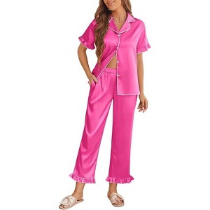 Ekouaer Silk Pajamas for Women Satin Short Sleeve Pajamas Set with Ruffle 2 Pieces Button Down Tops and Pants Rose Red M - 1 of 4