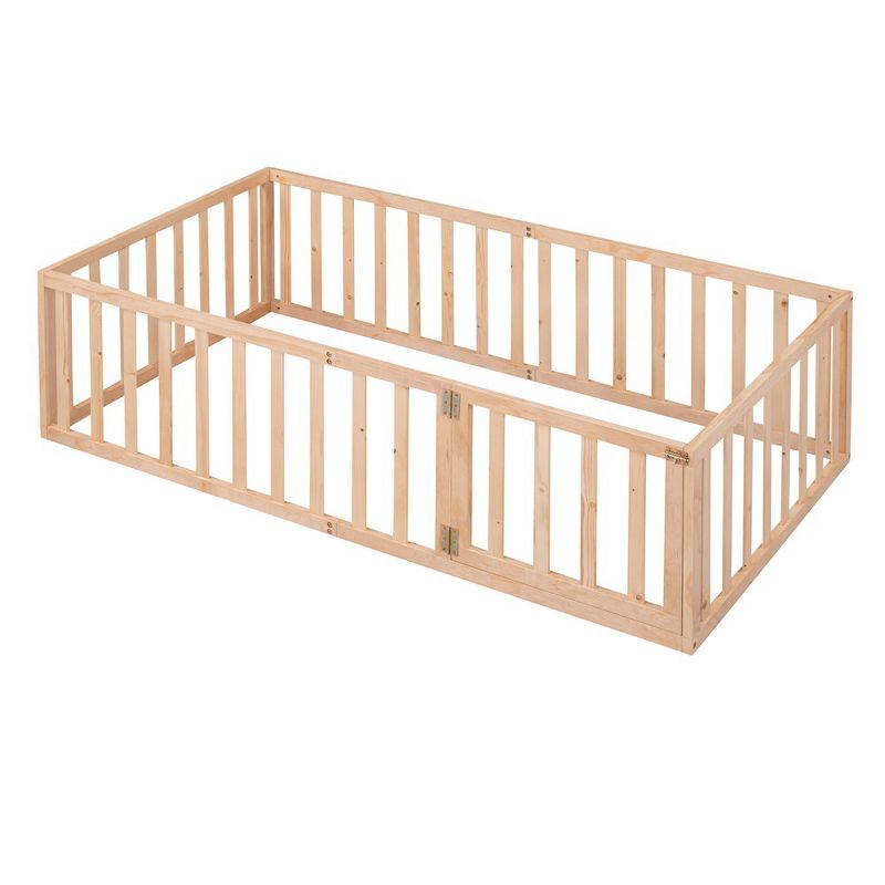Twin Size Wood Floor Bed Frame With Full-Length Guardrail And Door, Versatile Open-Row Design Baby Play House, No Mattress, 3 of 8