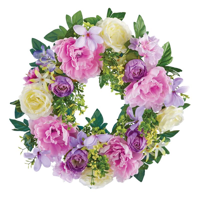 Collections Etc Purple & Pink Peonies with White Roses Door Wreath 17" x 5" x 17", 1 of 3