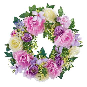 Collections Etc Purple & Pink Peonies with White Roses Door Wreath 17" x 5" x 17"