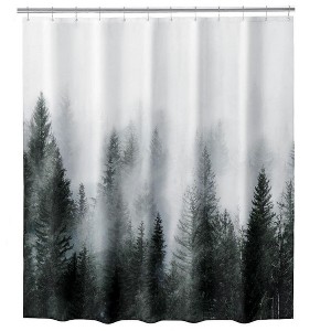 Aoibox Dark Green Misty Forest Shower Curtain for Bathroom, Nature Woodland Design with Hooks, Decorative Pine Tree Fog Magic Bath Curtain, Waterproof - 1 of 4