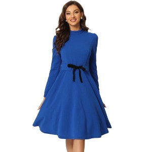 Allegra K Women's Elegant Work Sheath Mock Neck Flare Long Sleeve Knit Midi Dress - 1 of 4