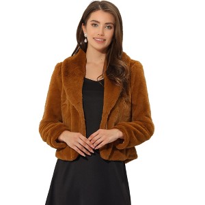 INSPIRE CHIC Women's Cropped Lapel Long Sleeve Fluffy Faux Fur Jackets - 1 of 4