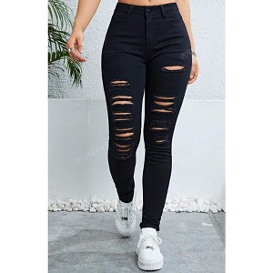 TIME HOLLOW Ripped Raw Hem Casual Jeans - 1 of 3