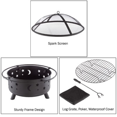 32-Inch Black Steel Wood Burning Fire Pit with Star and Moon Cutouts