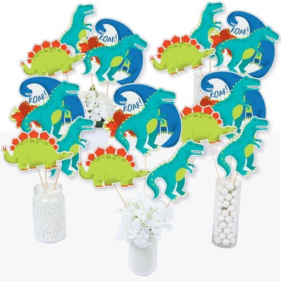 Big Dot of Happiness Roar Dinosaur - Dino Mite T-Rex Baby Shower or Birthday Party Centerpiece Sticks - Table Toppers - Set of 15