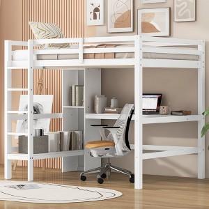 Sapphtopaz Wood Full Size Loft Bed with Multifunction Shelves&Desk, Space-Saving Bed Frame with Ladder&Guardrail, Full Loft Bed for Teens&Kids - 1 of 4