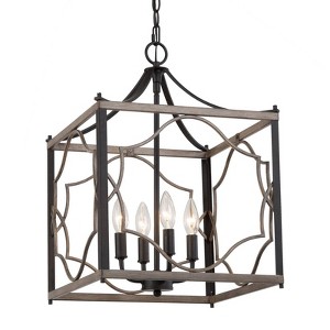 LNC Ribbon 4-Light 14.5" Farmhouse Square Small Chandelier, Matte Black and Gray Wood Tone - 1 of 4
