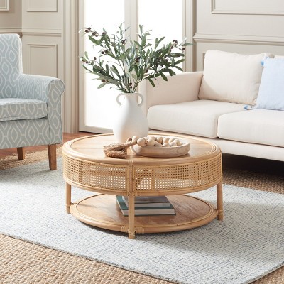 Natural Mango Wood Round Coffee Table with Rattan Mesh