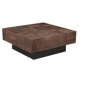 HomeRoots 40" Dark Brown and Black Solid Wood Square Block Coffee Table - 1 of 4