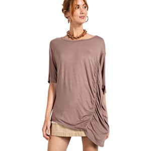 Slickblue Women's Casual Long Tunic Top with Side Ruching and Boat Neck - Mauve, Mocha or Smoke Shades, Size S-L - 1 of 4