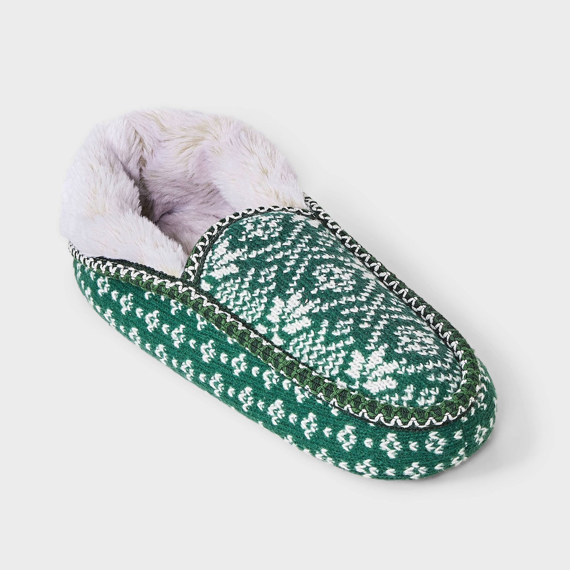 Women's Fair Isle Knit Slipper Sock with Faux Fur Lining and Grippers - Auden™ Green