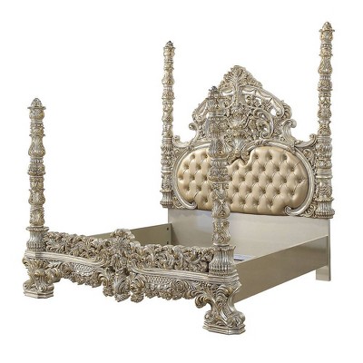 Champagne and Gold King Faux Leather Tufted Bed with Headboard