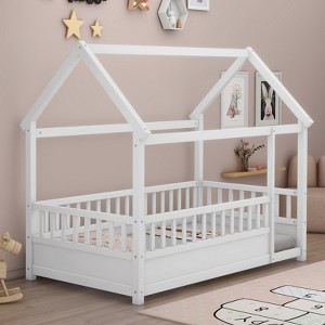 KTMBDW Twin/Full Size House Floor Bed,Wooden Montessori Bed with Fence and Roof for Kids,Twin/Full Bed Frame for Boys,Girls - 1 of 4