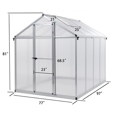 Aoodor 6' x 8' Walk-in Greenhouse Polycarbonate Panel Hobby Greenhouses with Aluminum Frame Heavy Duty with 1 Vent Window & Lockable Door