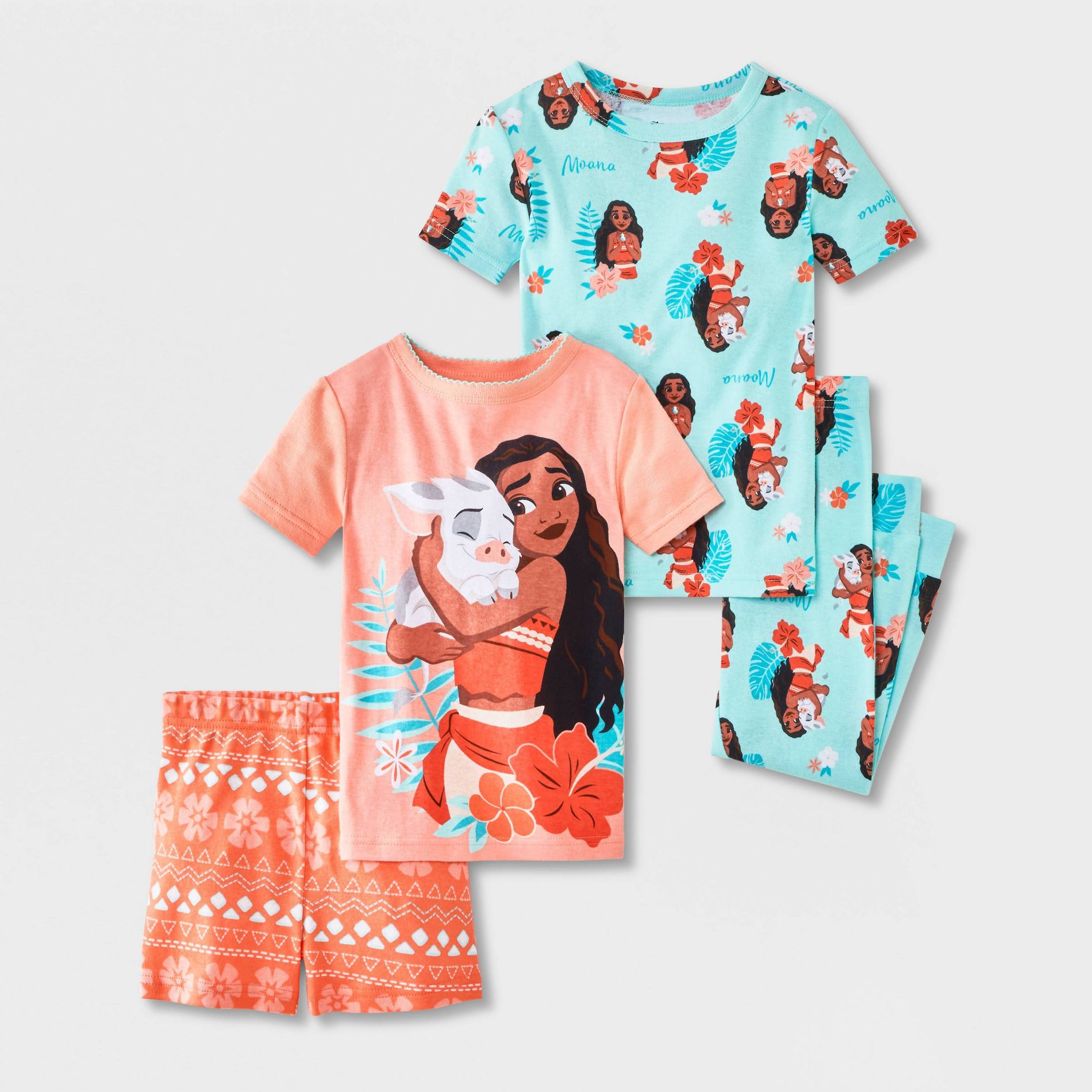 Baby & Toddler Girls' 4pc Moana Cotton Snug Fit Pajama Set - Coral/Blue