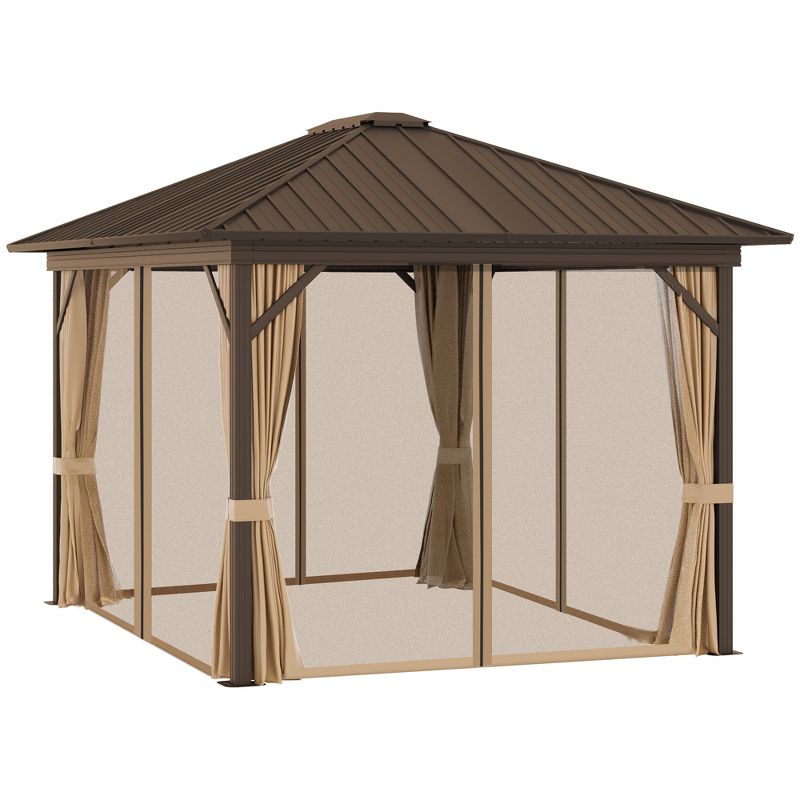 Outsunny 11.9" x 9.8" Hardtop Gazebo with Curtains and Netting, Permanent Pavilion Metal Roof Gazebo Canopy with Aluminum Frame and Top Hook, Brown, 5 of 7