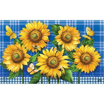 Briarwood Lane Blue Sunflowers Summer Doormat Plaid Floral Indoor Outdoor 30" x 18"