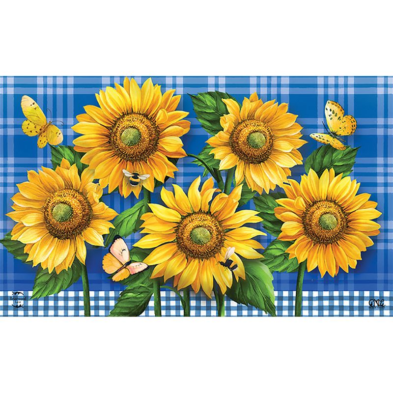 Briarwood Lane Blue Sunflowers Summer Doormat Plaid Floral Indoor Outdoor 30" x 18", 1 of 5