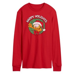 Men's - Garfield - Happy Holidays Wreath Long Sleeve Graphic T-Shirt - 1 of 3