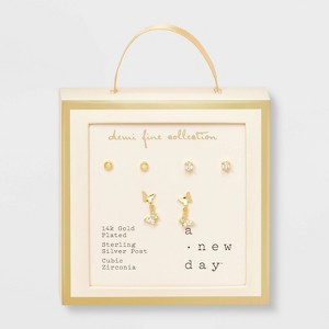 14k Gold Plated Discs Cubic Zirconia and Butterfly Mini Dangle Stud Earrings 3pc - A New Day™ Gold - 1 of 2