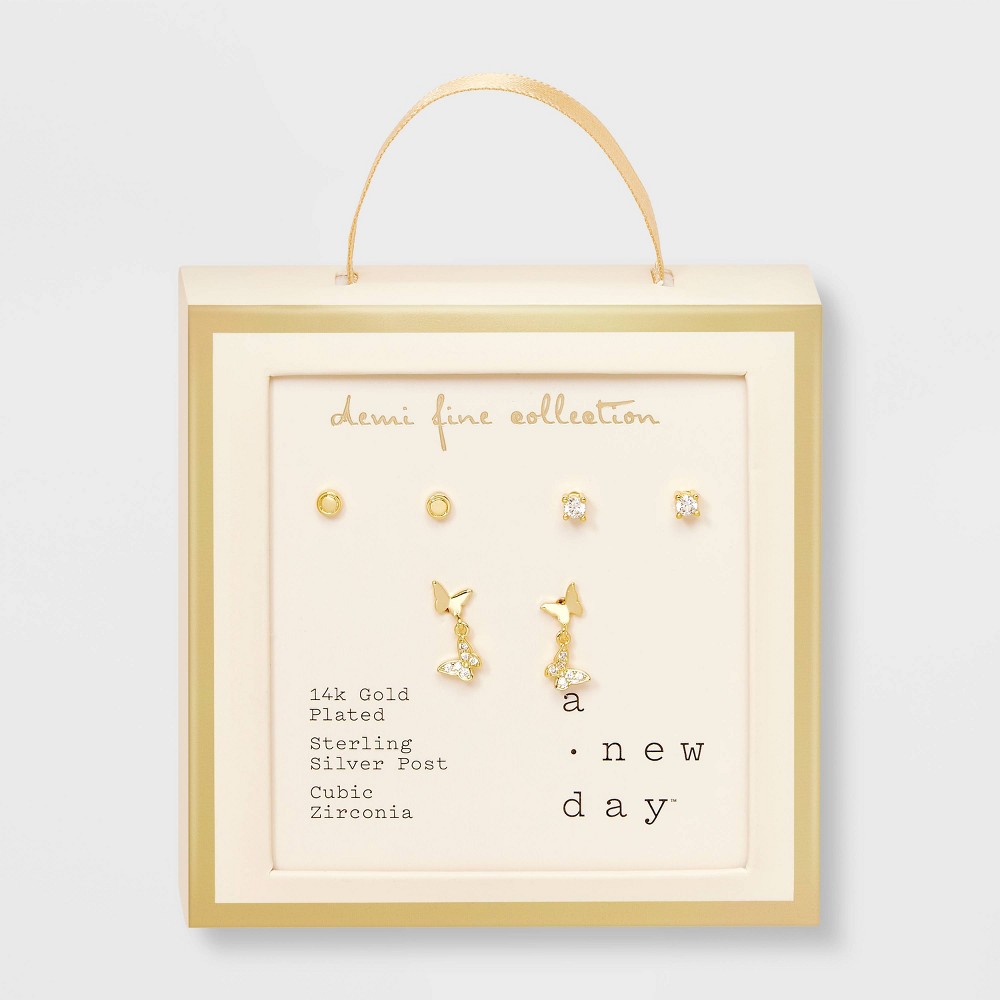 Photos - Earrings 14k Gold Plated Discs Cubic Zirconia and Butterfly Mini Dangle Stud Earrin