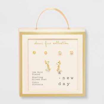 14k Gold Plated Discs Cubic Zirconia and Butterfly Mini Dangle Stud Earrings 3pc - A New Day™ Gold