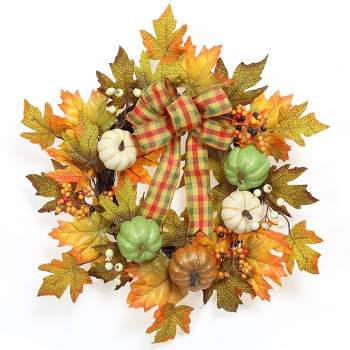 Fall Wreaths for Front Door, 20" Autumn Wreath with Pumpkin Ribbon Berries and Maples Leaf