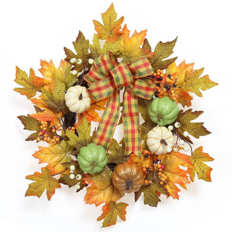 Fall Wreaths for Front Door, 20" Autumn Wreath with Pumpkin Ribbon Berries and Maples Leaf, 1 of 7