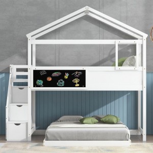 Twin over Full House Bunk Bed with Storage Staircase and Blackboard,White - 1 of 3